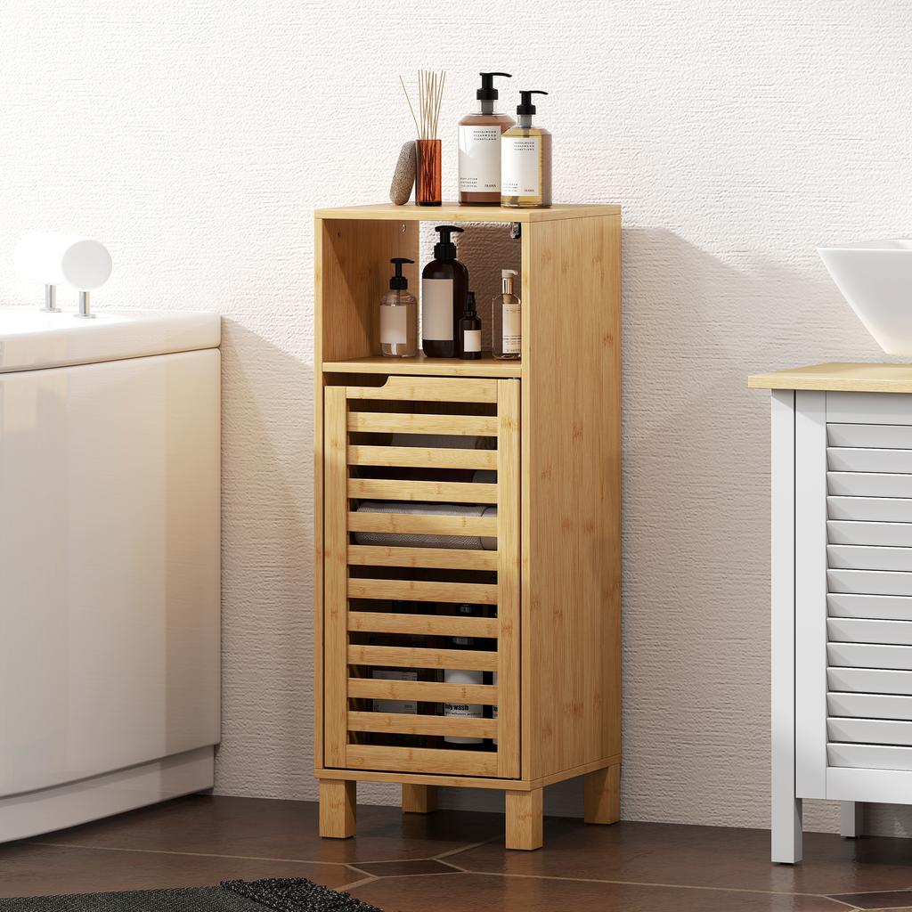 Bathroom Cabinet, Open Shelf, Cabinet, Bamboo Wood, Louvered Door, Light Brown