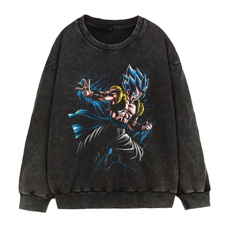 Vintage Washed Dragon Ball Anime Hoodie-Free Crewneck Sweatshirt Teens Men Streetwear Casual Long Sleeve Cotton