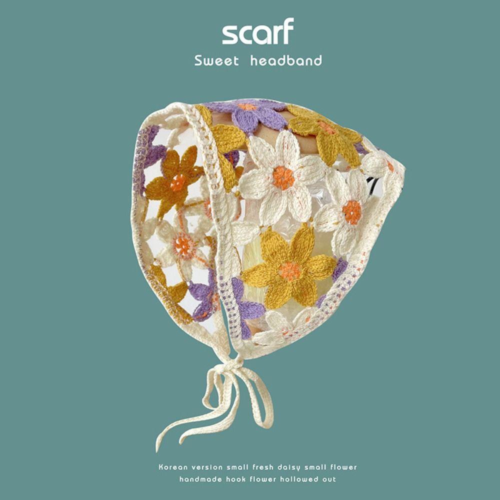 French Pastoral Style Triangle Headband Handmade Crochet Little Flower Headscarf Hat Knitted Color Contrast Girls Headband Towel