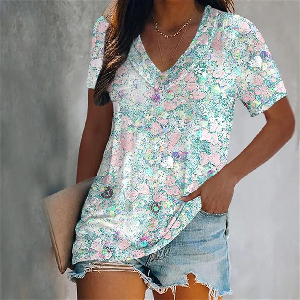 Fashion V-Neck Short Sleeve Colorful Tassels Print T-Shirts Summer Casual Elegant Women's Large Size T-Shirts