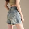 RAIN.CUN Women's Retro Distressed High-Waist A-Line Wide-Leg Denim Shorts