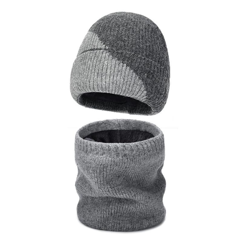 Winter Wool Hat Men Color-Matching Cashmere Knitted Hat Gloves Neck Set Three-Piece Thick Cold-Proof Cap