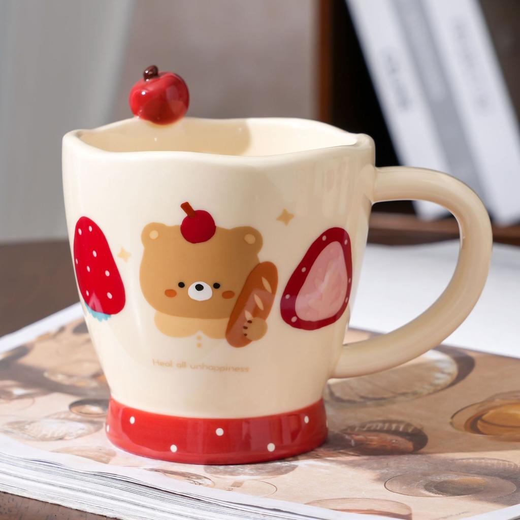 Apple Bear Mug with Spoon, Good-looking Ceramic Cup for the Office, Cute High Temperature Coffee Cup, Breakfast Cup.