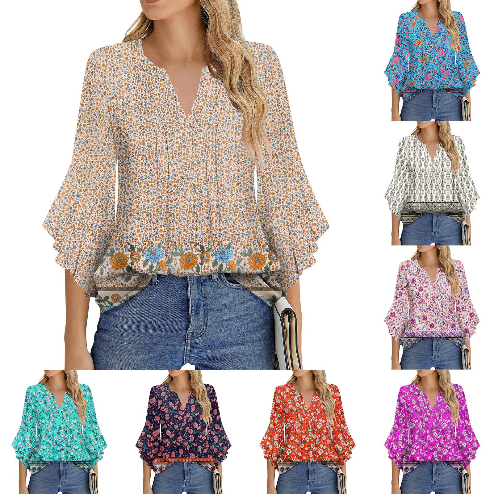 

Women s Fashion Casual Pleated V-Neck Solid Color Three-quarter Sleeve T-Shirt Elegant Top M рожевий