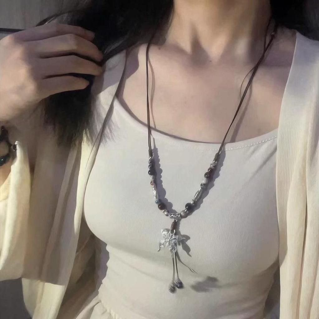 Bohemian Ceramic Beaded Butterfly Necklace Women's Retro Ethnic Style Woven Rope Collarbone Chain Antique Hanfu Accessories