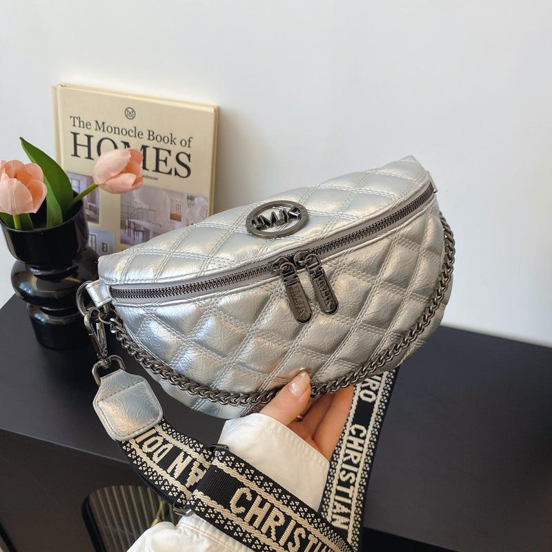 Rhombus breast bag women's new fashion chain fanny pack personality trend shoulder strap oblique span bag soft leather women's dumpling bag