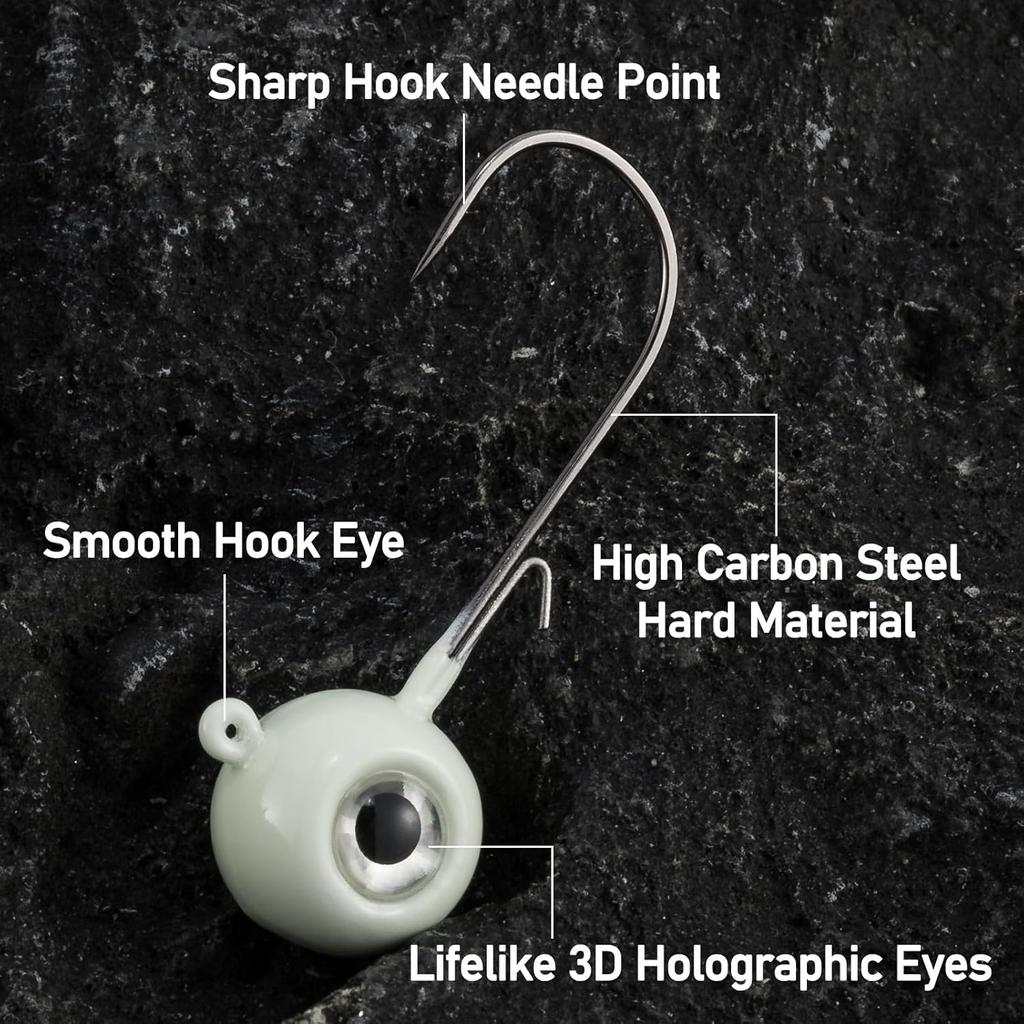 Alownder 20-Pack Fishing Walleye Jig Heads with 3D Holographic Eyes, Round Jig Heads Saltwater Freshwater Walleye jigs Live Bait jigs Bass Trout