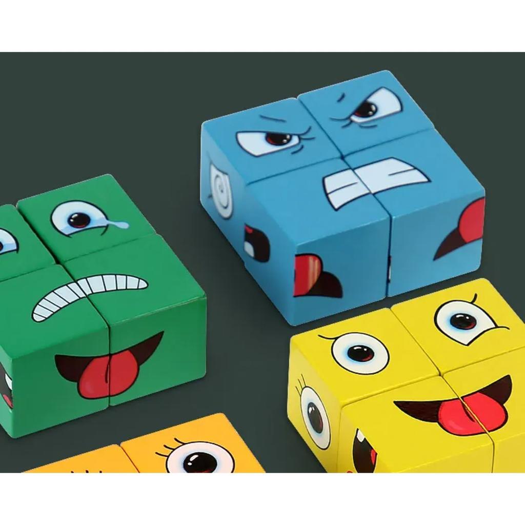 Face Changing Cube Board Card Game Building Blocks Cartoon Wooden Puzzle Montessori Anxiety Stress Relief Toys for Children Kids