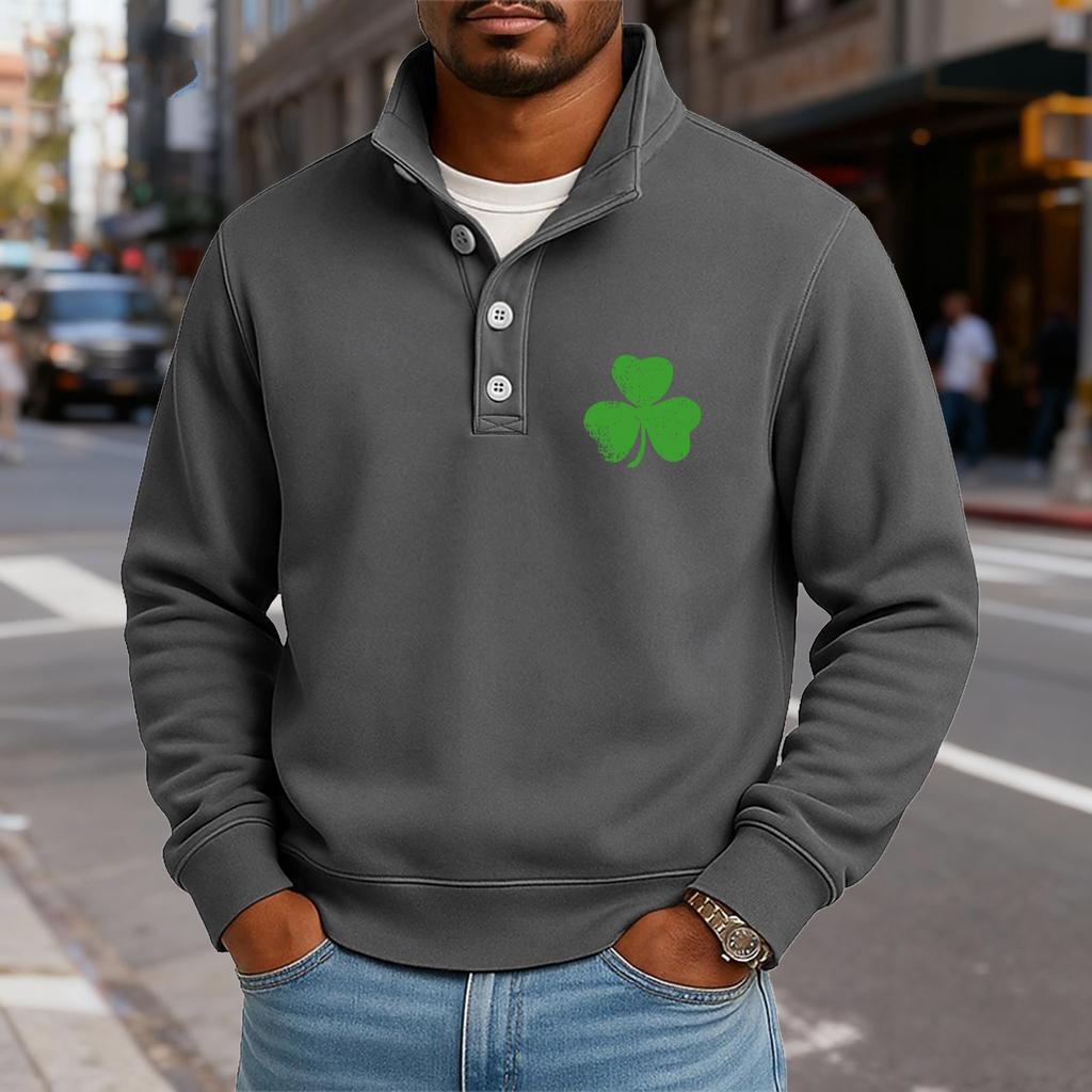 Men's Casual Stand-Up Collar Long-Sleeve Top Print Button-Down Sweatshirt