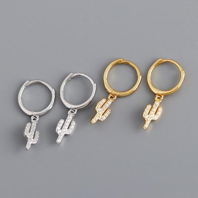 925 Sterling Silver Micro Zircon Cactus Pendant Hoop Earrings Female Cute Simple Trandy Ear Jewelry