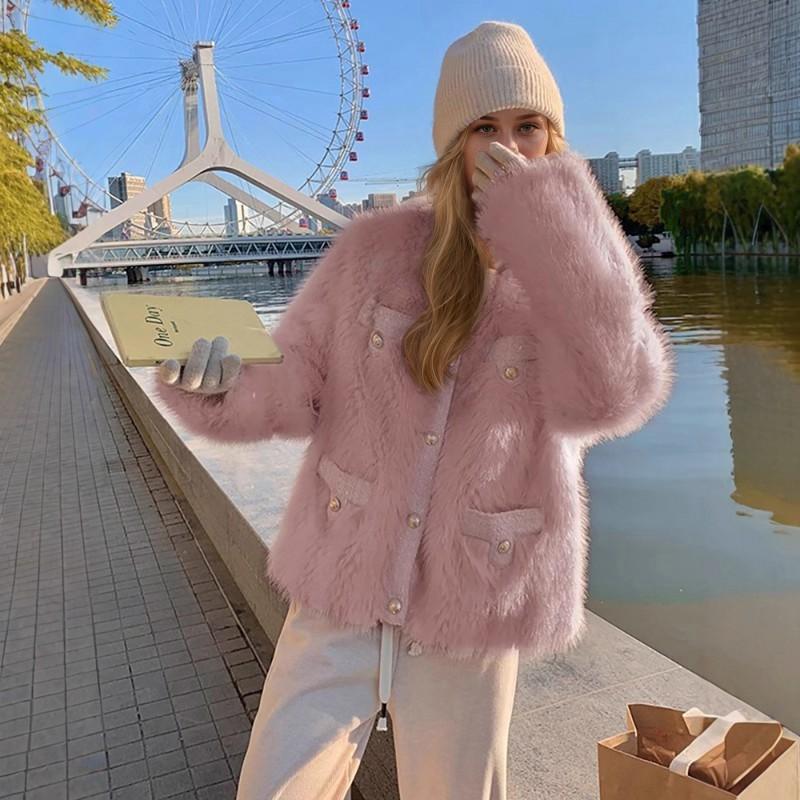Faux Shearling Coat Womens Slim Fit Fuzzy Fur Jacket Round Neck Long Sleeve Winter Outerwear