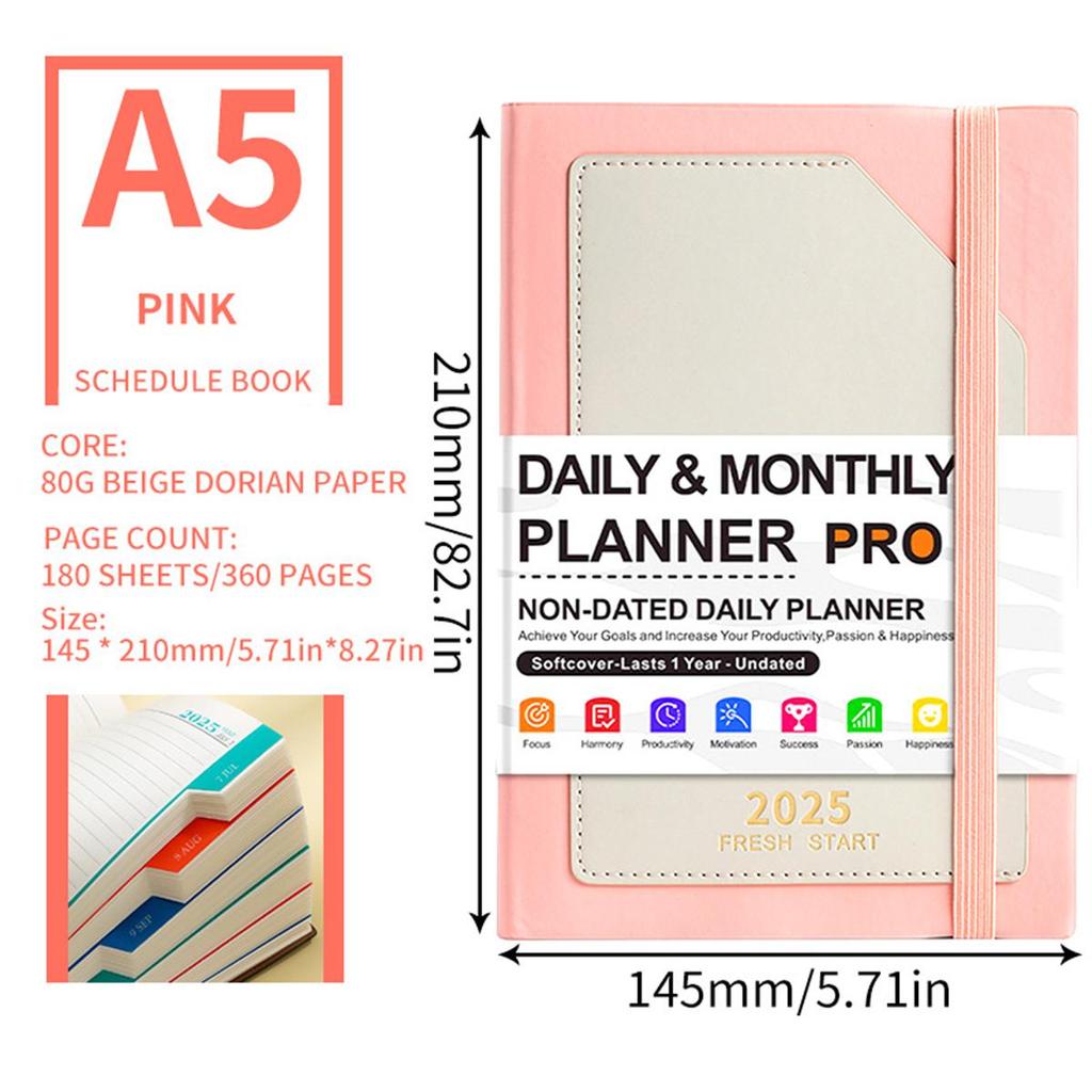 A5 leather 2025 business schedule book, English inner pages, student daily planner, 365-day record book, notepad, memo, 200 sheets