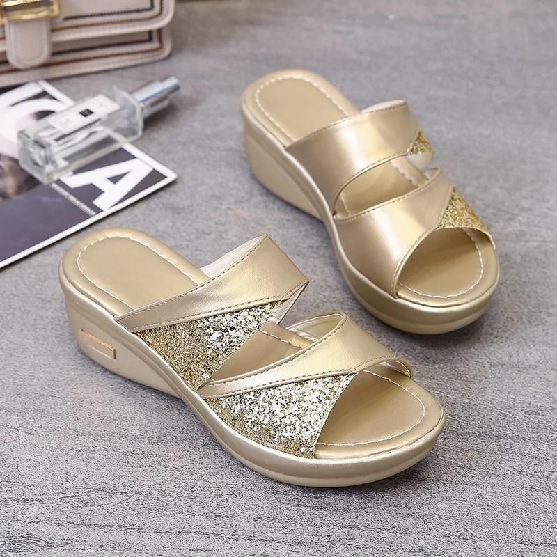 Summer High Heels Open Toe Sandals Glitter Wedges Shoes Female Casual Shoes Slingbacks Light Sandals For Woman