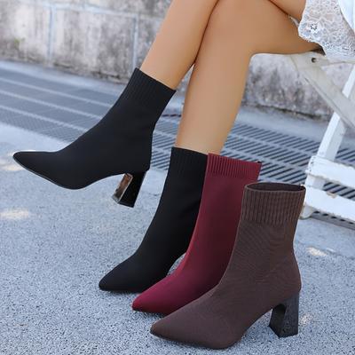 Autumn Winter Elastic Fabric Ankle Boots Women's Shoes Pointed Thick Heel Stretch Boots Knitted Stockings Sizes 36-43