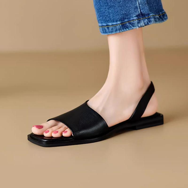 

Vintage casual square head flat bottom one-word strap Roman shoes summer new silver open-toed back strap sandals women 41 чёрный