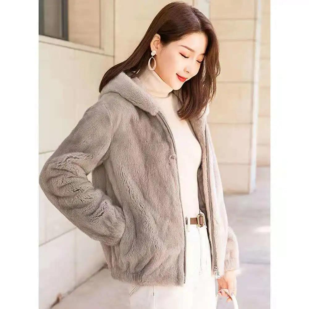 WTEMPO Solid Color Windproof Cold-proof Hooded Zipper Coats Women's Casual Versatile Faux Fur Plush Jackets