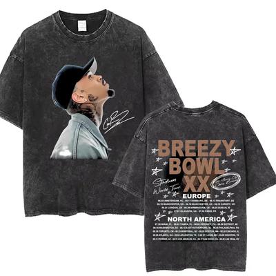 Vintage Washed Chris Brown Graphic T-shirt Breezy Bowl XX Tour 2026 Merch T Shirts Men Women Hip Hop Fashion Oversized T-shirts