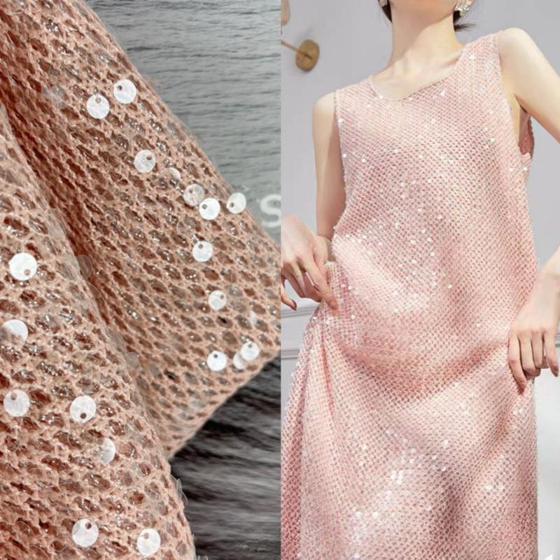 

5mm Sequin Embroidered Cutout Fishnet Fabric Transparent Piece Beads Women s Dress Wedding Dress Double Mesh Fabric 1Yard