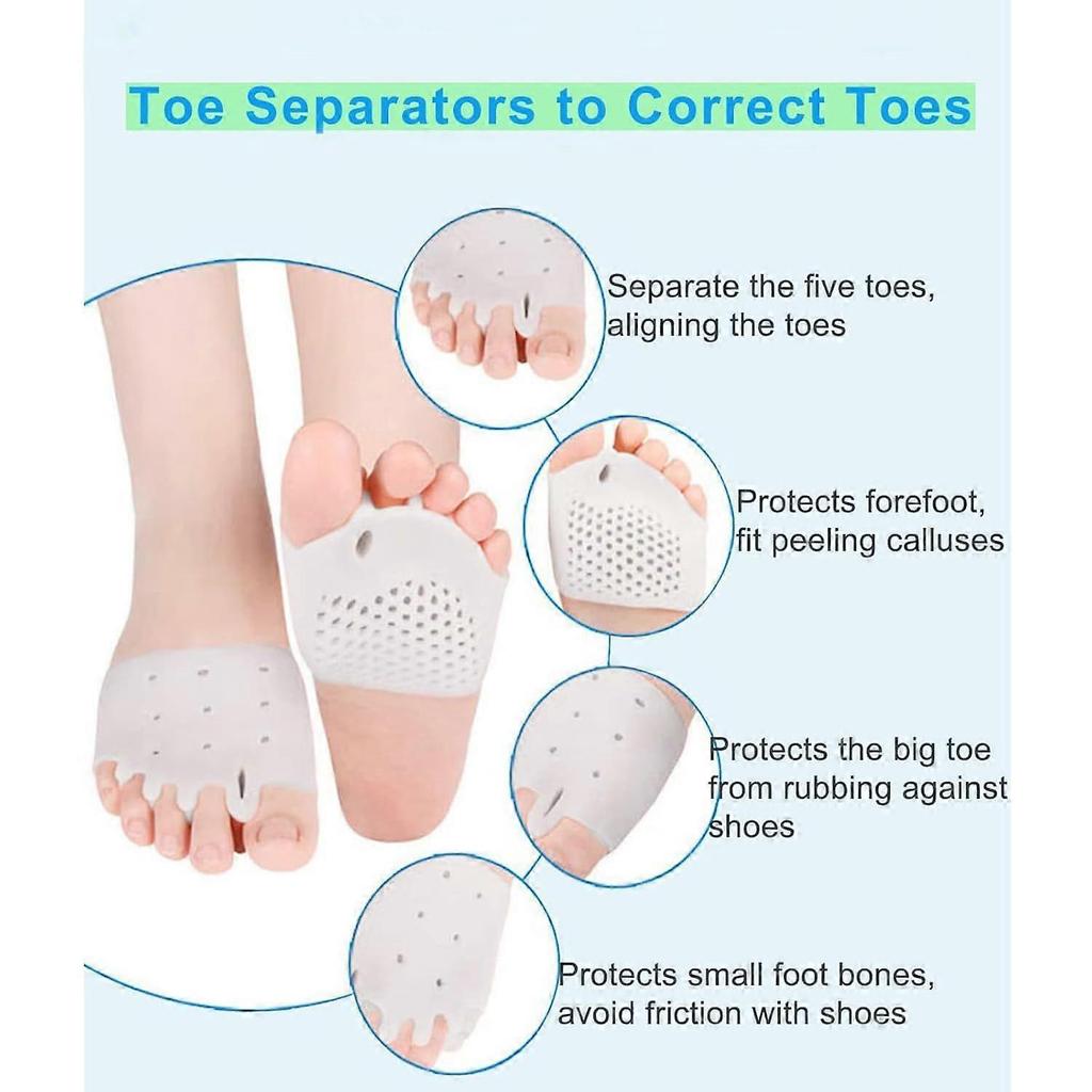 2 Pairs Silicone Toe Separators, Bunion Corrector Cushion, Metatarsal Pads, Ball of Foot Cushions, Breathable Soft Gel Foot Cushions for Men Women Str