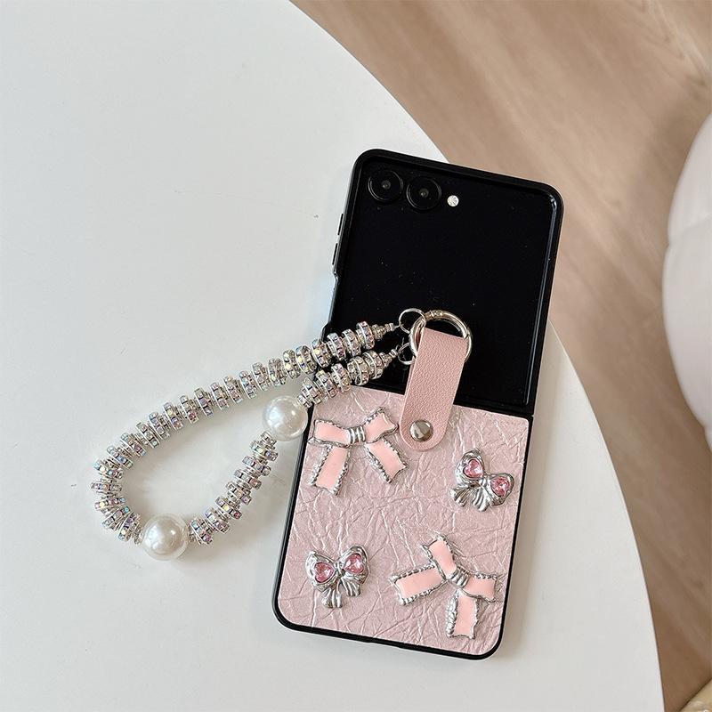 Ins Wind Pearl Handheld Chain Bow Phone Case for Samsung Zflip 7 Flip Vivoxflip Folding
