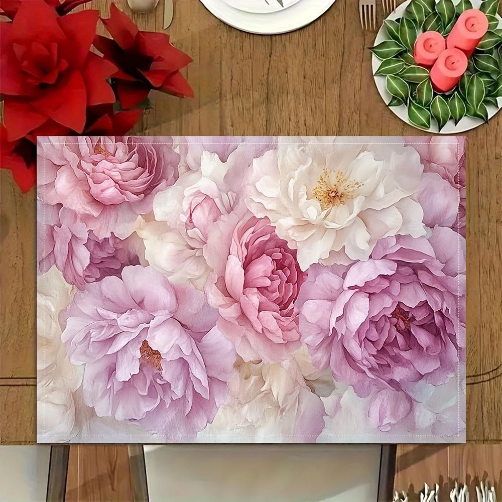 Pink Peony Flower Romantic Fresh Placemats Linen Washable Non Slip Heat Resistant Table Mats for Kitchen Dining Decor