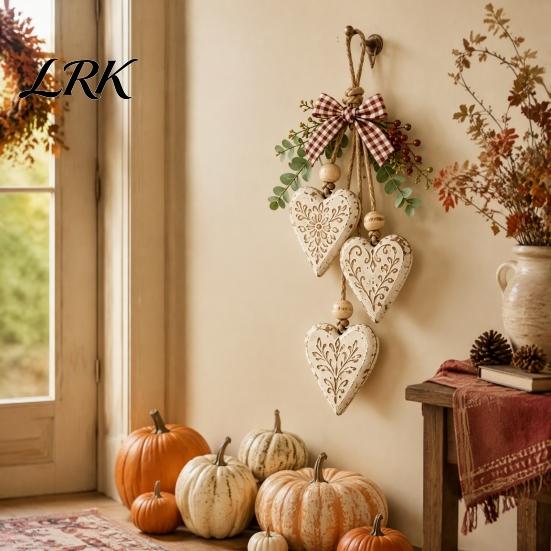 Fall Harvest Home Decorations Heart-Shaped Wooden Decorative Hanging Ornaments with LED Light, Rustic Farmhouse Heart Wall Pendant Boho Bedroom