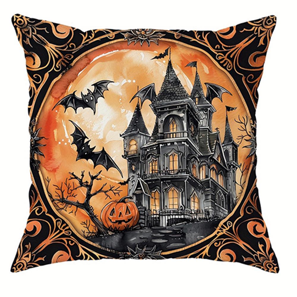 Halloween Decorative Pillowcase, Witch Pumpkin Cat Castle Pattern, Suitable for Home Room Living Room Sofa Cushion Cover