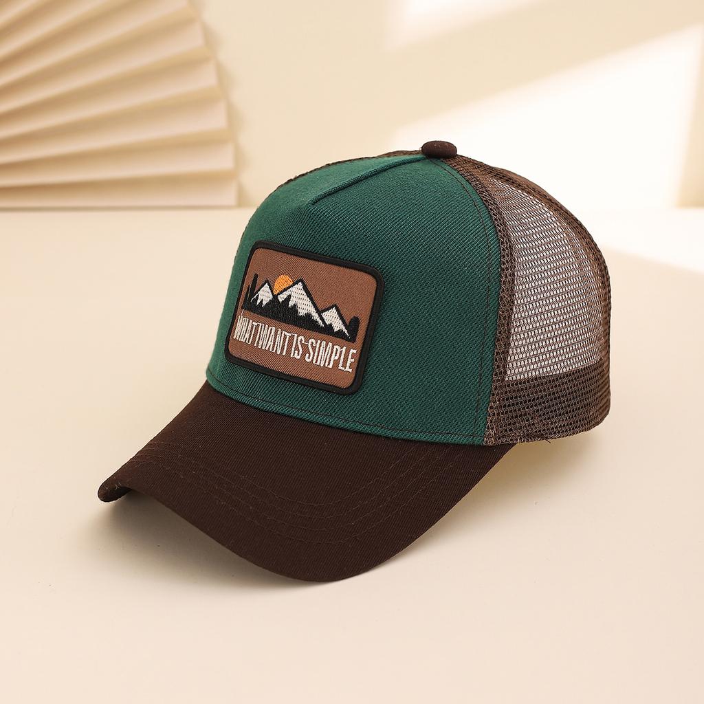 Fashionable Summer Hollow Out Mesh Baseball Cap with Embroidered Sunset Mountain Design, Outdoor Sun Protection Snapback Hat