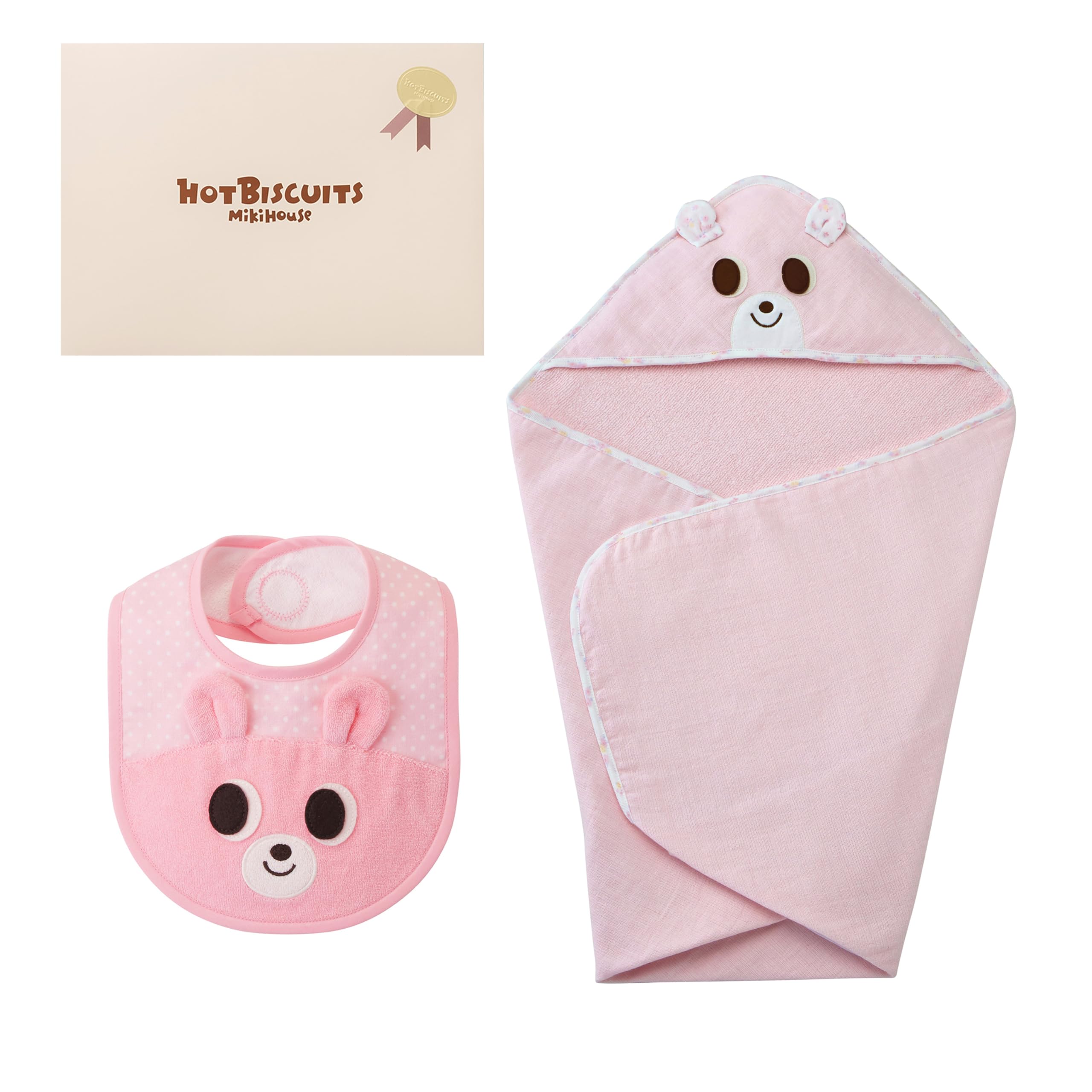 

MIKIHOUSE HOT BISCUITS Baby Bath Towel & Bib Set (Box Included) for Boys and Girls, Pink, No Sizes, 74-9930-499