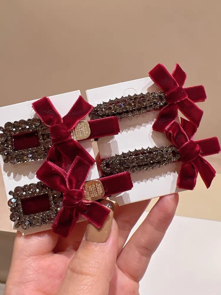 2Pcs Sweet Bow Rhinestone Hair Clips Girls Kawaii Cute Headwear Velvet Bowknot Duckbill Clips Kids Sided Clips Bangs Hairpin