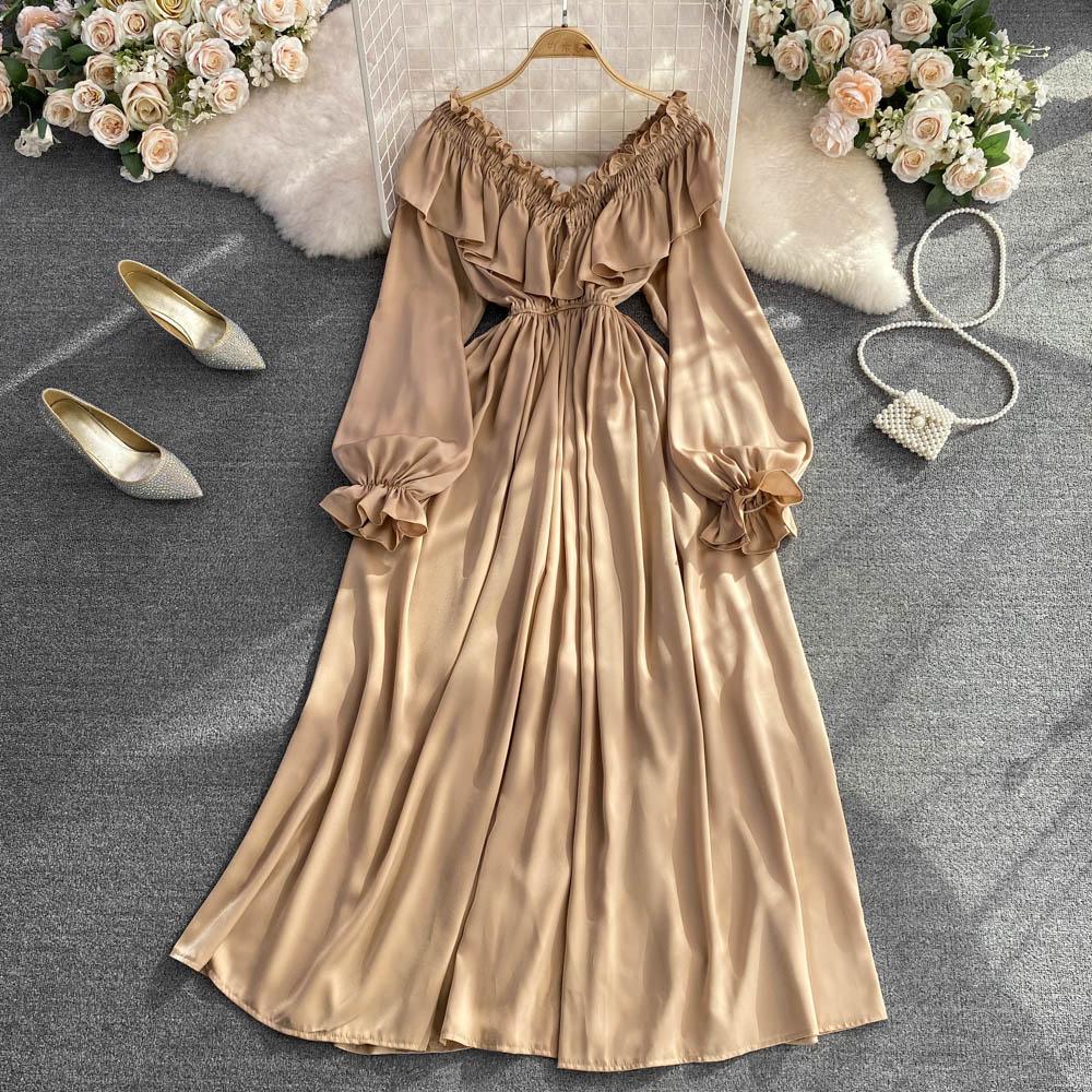 

Осенняя корейская версия нежного ветра с рюшами и v-образным вырезом, свободное платье трапециевидной формы с рукавами-колокольчиками на талии