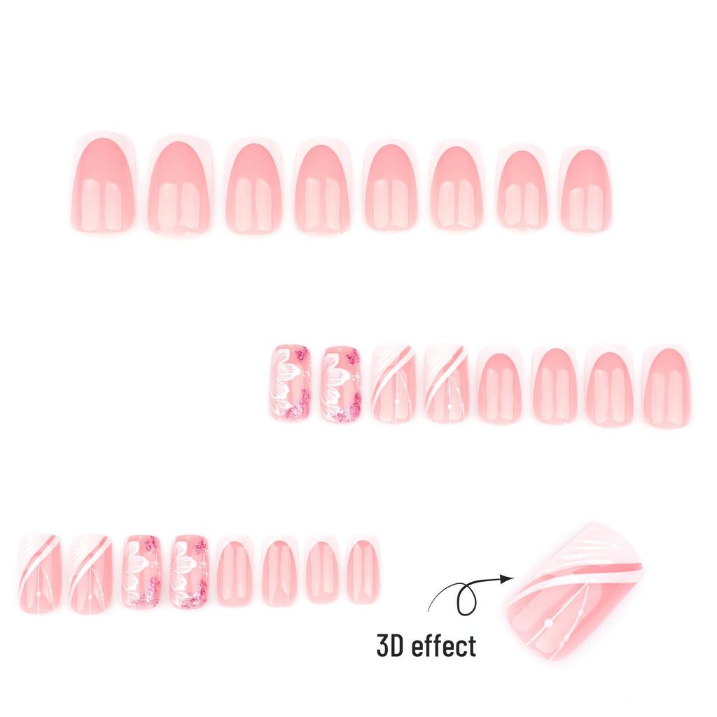 Nail art 3D cu dungi diagonale: Tips Medii Scurte Pătrate cu Design Floare Albă