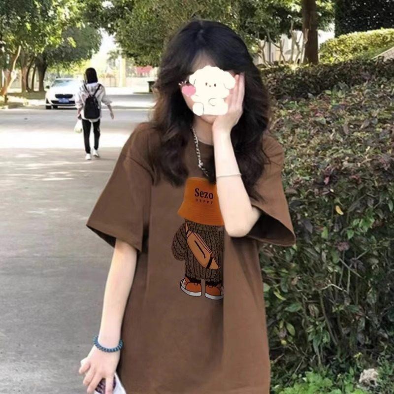 American Retro Pure Cotton Bear Printing Large Size Short-sleeved T-shirt Women's Fat Mm Summer Trendy Brand Design Sense Loose Half Sleeve