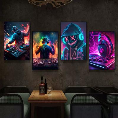 Design Neon Música Fone de Ouvido DJ Legal Pôster Pintura em Tela Arte de Parede Abstrata Para Bar Moderno Sala de Clube Decoração de Casa Cuadros Sem LED