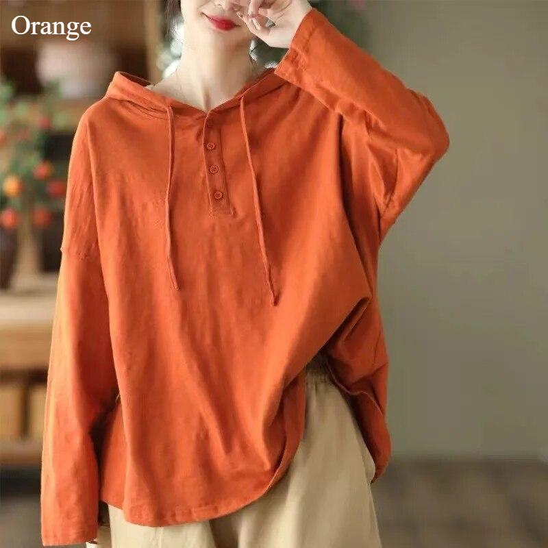 

Весенний новый ретро-джемпер с капюшоном и однотонной толстовкой, женская свободная повседневная рубашка с длинным рукавом, модная хлопковая футболка L оранжевый