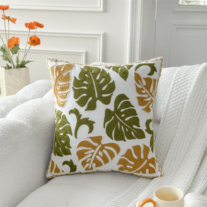 Green Plant Embroidered Decorative Throw Pillow Case Leaves Pattern Boho Cushion Covers For Living Room Sofa Bed Home Decor