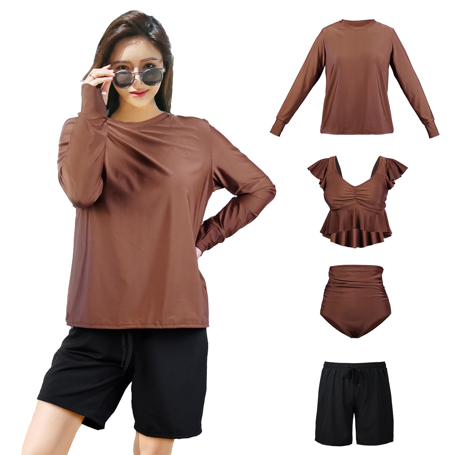 

Женский купальник рашгард ARMOTO, защита от УФ-лучей, длинный рукав, высокий воротник, фитнес, скрывающий фигуру, танкини, набор из 4 предметов