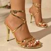 Fashion Gold Silver Patent Leather High Heels Sandals Women Cross Band Thin Heeled Party Sandals Plus Size Ankle Buckle Gladiator Shoes
