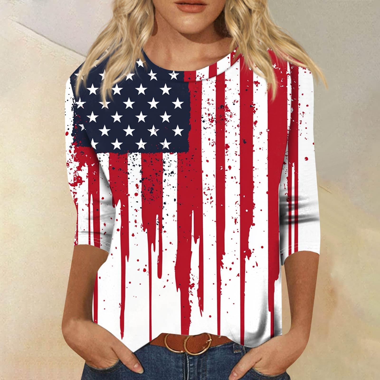 

Женская мода повседневный топ с круглым вырезом и принтом на День независимости с семью рукавами XXXL винный