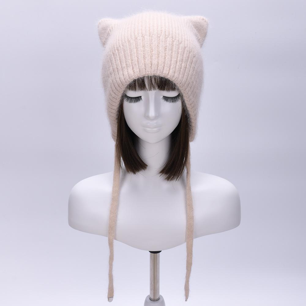 Solid color Angora long rabbit hair lace-up cat ear hat warm wool hat knitted hat windproof ear protection