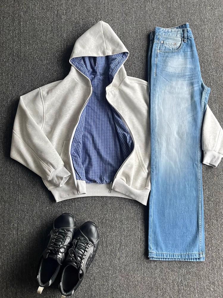 2026 New Men's American Plaid Zipper Hoodie Cardigan Jacket - Cleanfit Vibe Short Wide Design