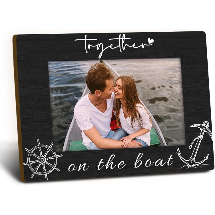 Together on the Boat 4x6 Picture Frame, Boat Lovers Captain Owner Gifts Wooden Picture Frame, Boating Gifts for Women Men, Nautical Anchor Rudder
