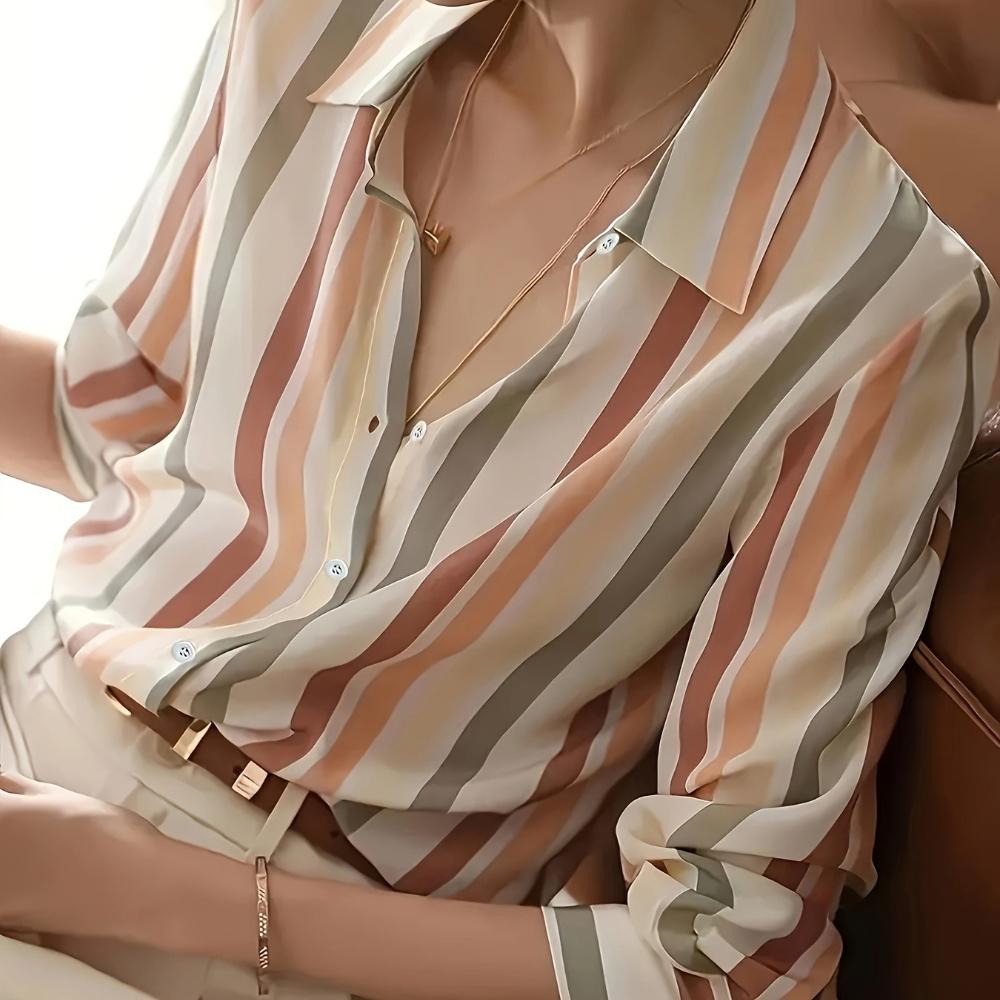 women s Retro Striped Color Block Long Sleeve Blouse Regular Fit Elegant Commuter Shirt Top S