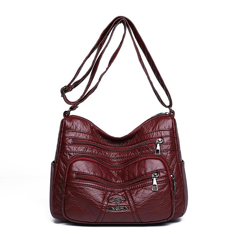 Women's Soft Leather Bag Middle-Aged Mother Crossbody Bag Large Capacity Multi-Pocket Commuter Shoulder Bag