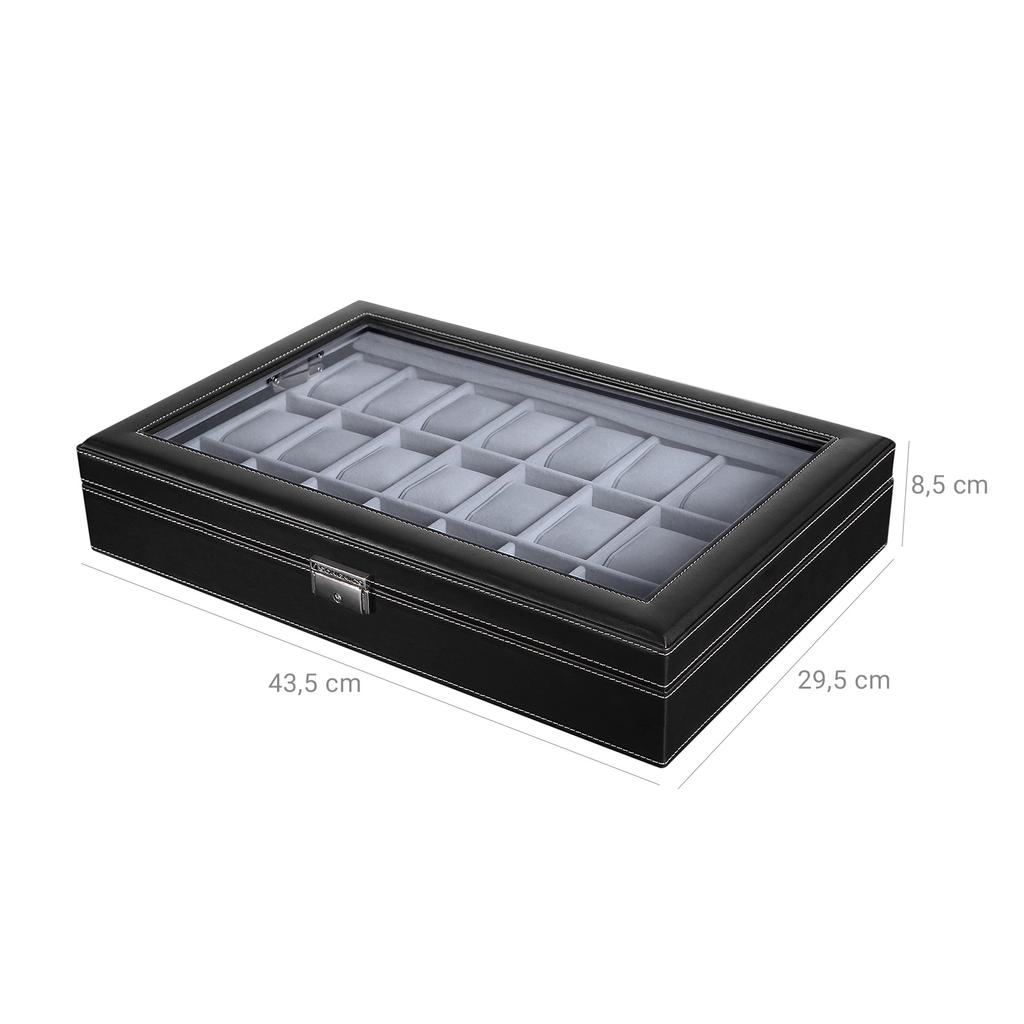 SONGMICS Watch Box, Lockable Watch Case, Watch Storage Box with 24 Slots, Glass Lid, Gift for Loved Ones, Black Synthetic Leather, Grey Lining