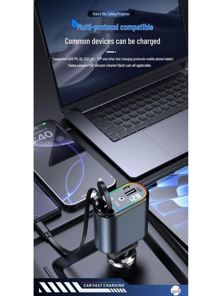 Dual USB Car Charger with Digital Display and Retractable Cable