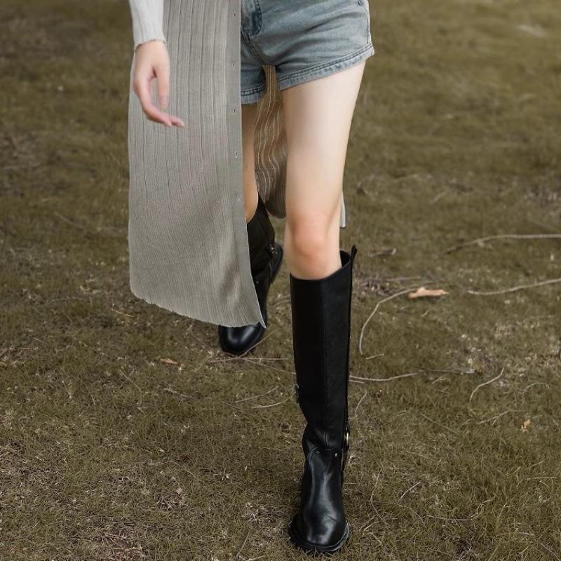 Rindslederbrett~ Hohe Ritterstiefel Metallschnalle Schwarz Aber Kniestiefel Skinny Retro Dicker Absatz Western Cowboy Stiefel