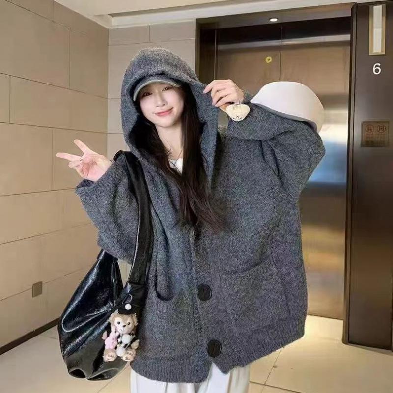 Korean Style Women’s Winter 2026 Hooded Fluffy Knit Cardigan - Loose, Soft, College Style