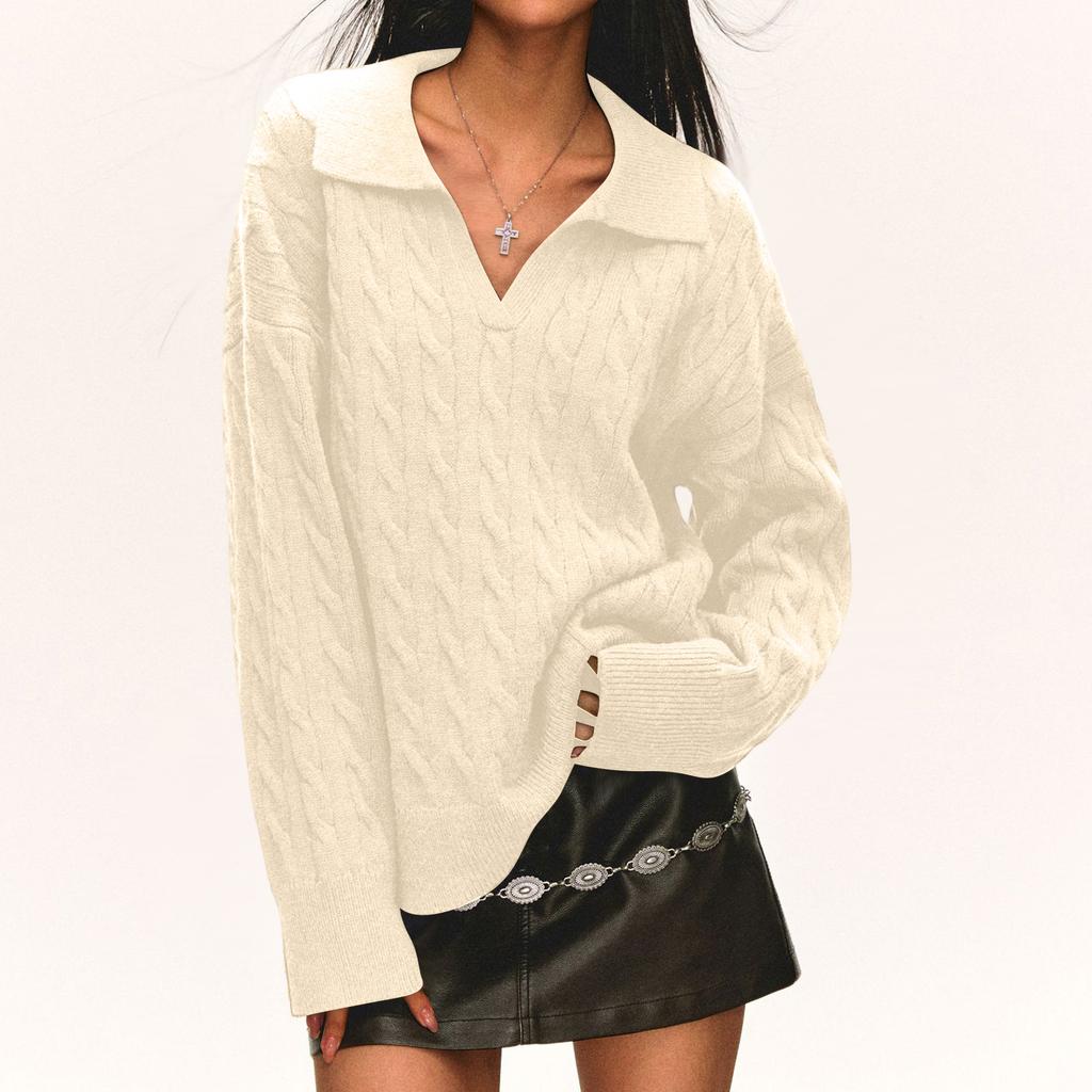 Women's Fashion Casual Loose Lazy Style Cable Lapel  Pullover Long Sleeve Knit Sweater