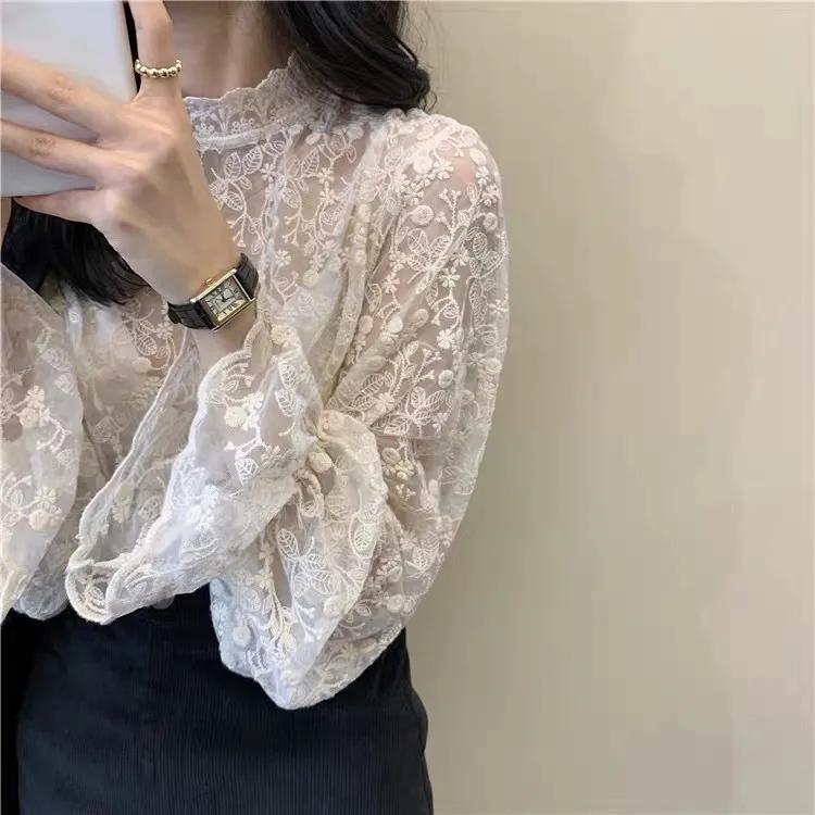 Camicia a maniche lunghe in rete delicata con pizzo interno da indossare sotto, con velluto, da donna, autunno e inverno, camicetta in stile occidentale, camicetta in pizzo